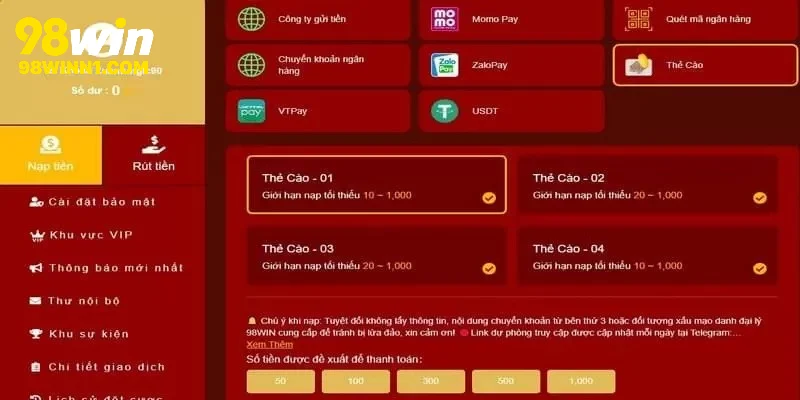 Những cách thức nạp tiền 98WIn được ưa chuộng